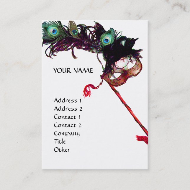 MASQUERADE PARTY MASKS WITH PEACOCK FEATHERS BUSINESS CARD (Front)