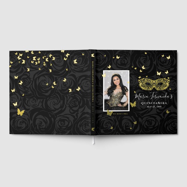 Masquerade Party Photo Real Gold Foil Black Quince Guest Book (Full)