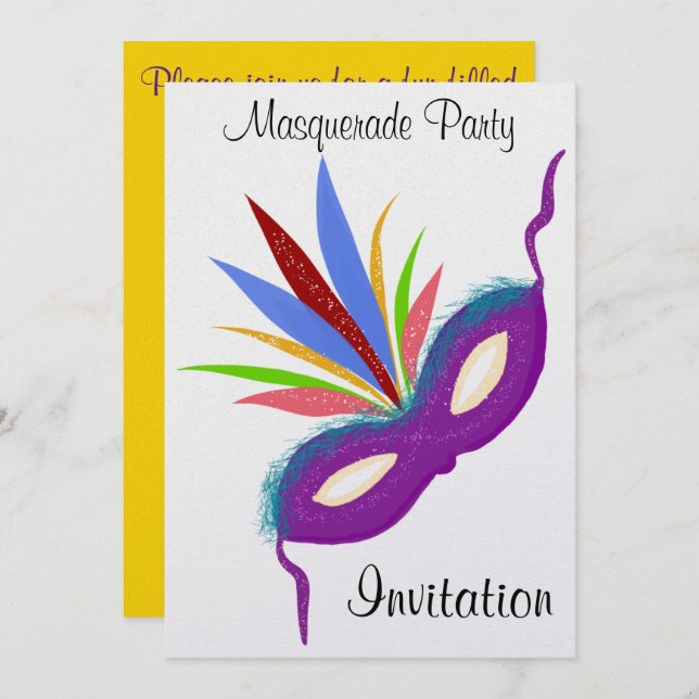 Masquerade Party Purple Feathered Mask Invitation (Front/Back)