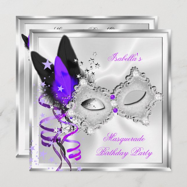 Masquerade Party Purple Silver Black Mask 2 Invitation (Front/Back)