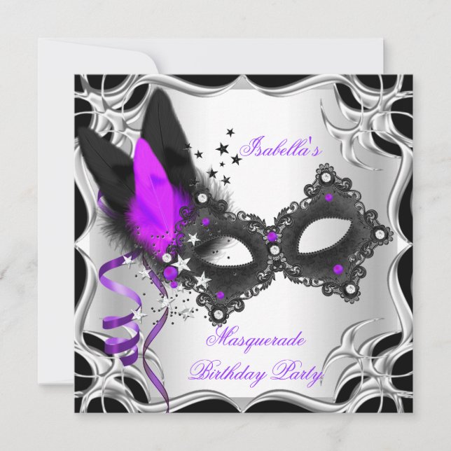 Masquerade Party Purple Silver Black Mask Invitation (Front)