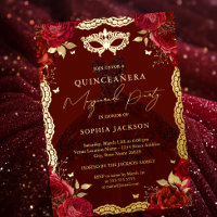 Masquerade Party Red Gold Rose Gown Quinceanera