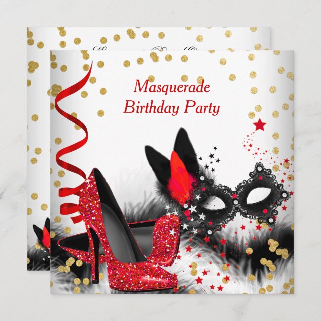 Masquerade Party Red Heels White Gold Black Mask Invitation (Front/Back)