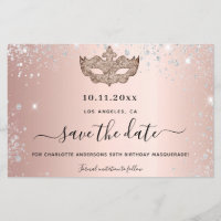 Masquerade party rose gold save the date card