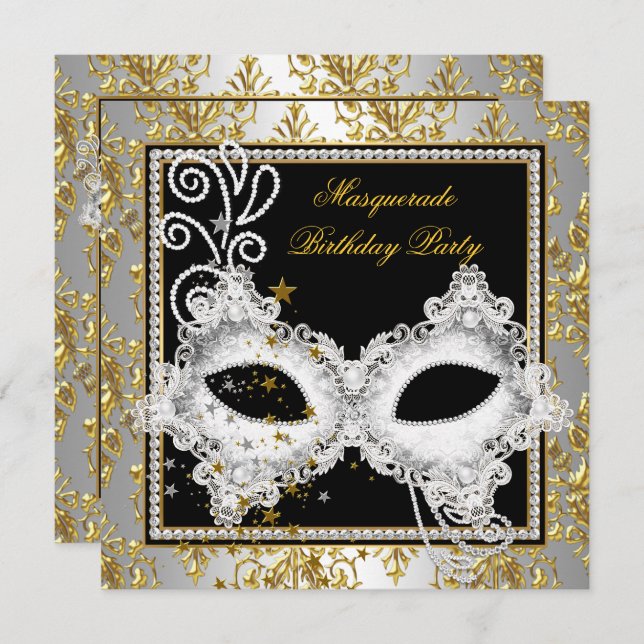 Masquerade Party Silver Gold Damask Black Mask Invitation (Front/Back)