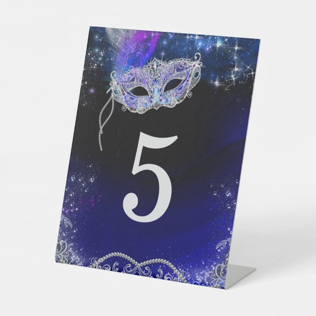 Masquerade Party Table Numbers card Pedestal Sign (Front)