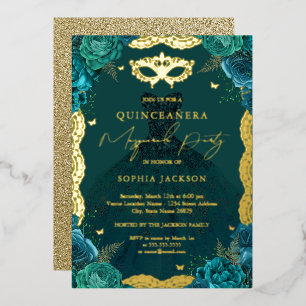 Masquerade Party Teal Floral Dress Quinceanera