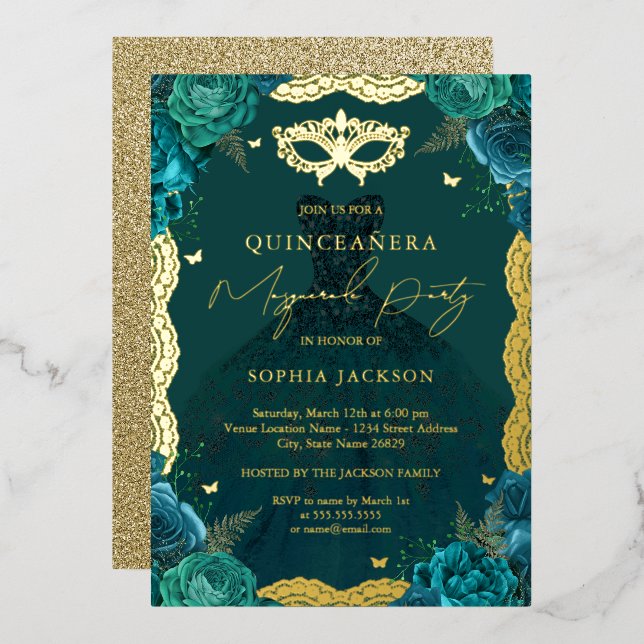 Masquerade Party Teal Floral Dress Quinceanera (Front/Back)