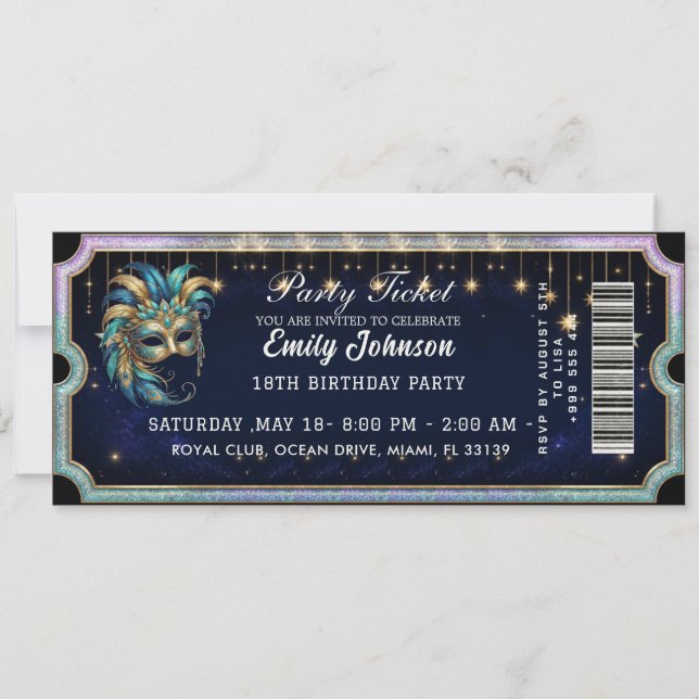 Masquerade Party Ticket Birthday Invitation Gold (Front)