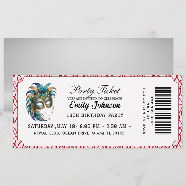 Masquerade Party Ticket Birthday Invitation Gold (Front/Back)
