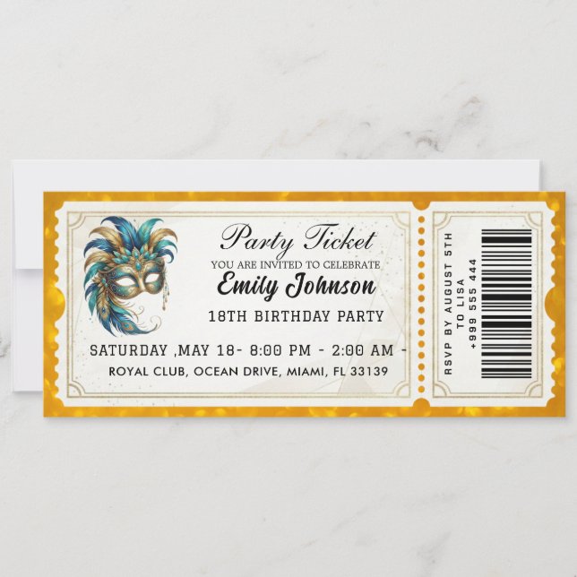 Masquerade Party Ticket Birthday Invitation Gold (Front)