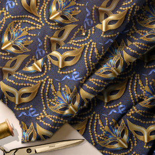 Masquerade Pattern Beads Masks Blue Gold ID1031 Fabric