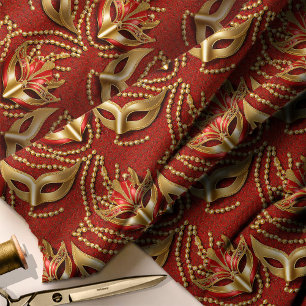 Masquerade Pattern Beads Masks Red Gold ID1031 Fabric