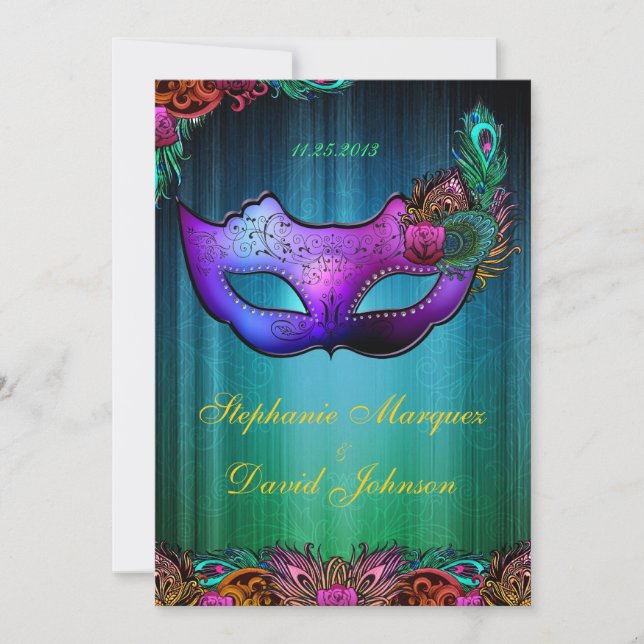 Masquerade Peacock Mask Wedding Invitation (Front)