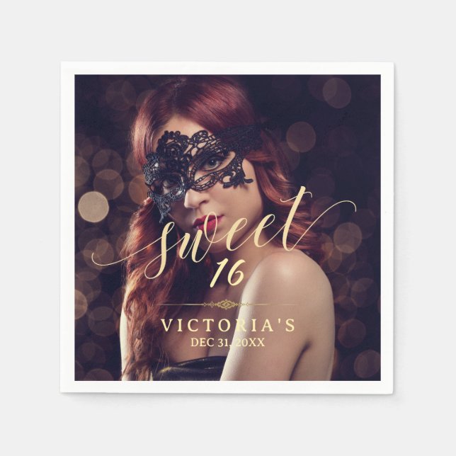 Masquerade Photo Sweet 16 Birthday Napkin (Front)