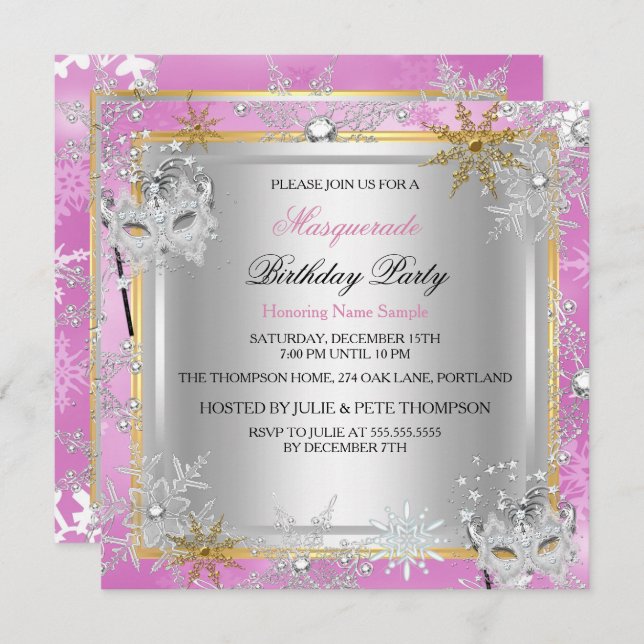 Masquerade Pink Gold Snowflakes Silver Masks Invitation (Front/Back)