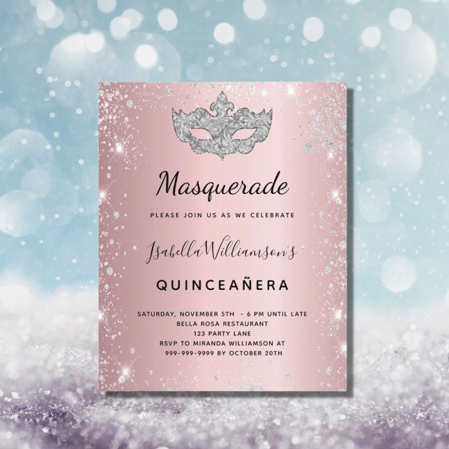 Masquerade pink silver Quinceanera invitation (Creator Uploaded)