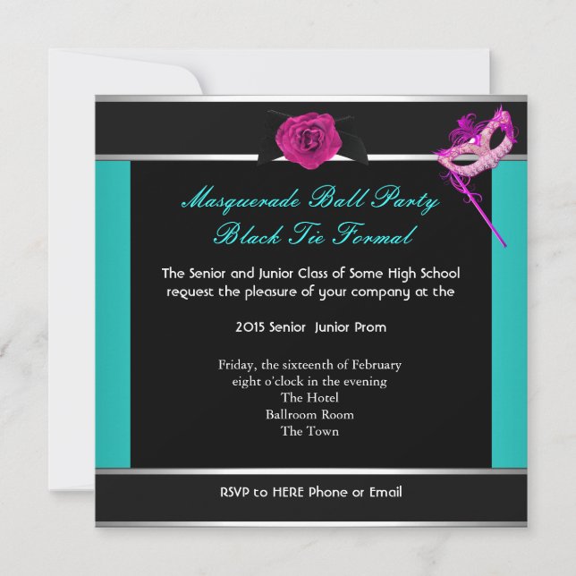 Masquerade Prom High School Dance Blue Pink Invitation (Front)