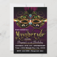 MASQUERADE Purple Colourful Mask Party Invitations