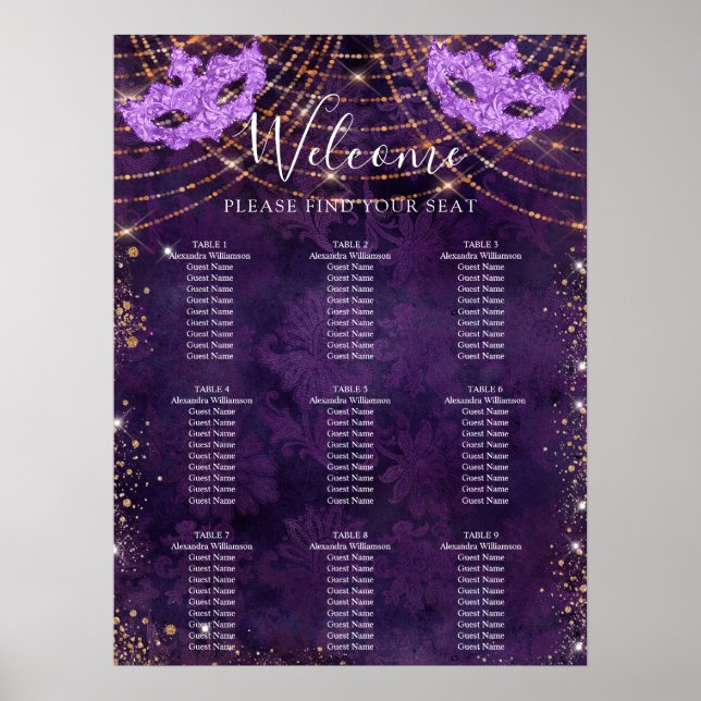 Masquerade purple glitter 9 tables seating chart (Front)