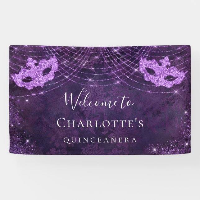 Masquerade purple glitter dust Quinceanera Banner (Horizontal)