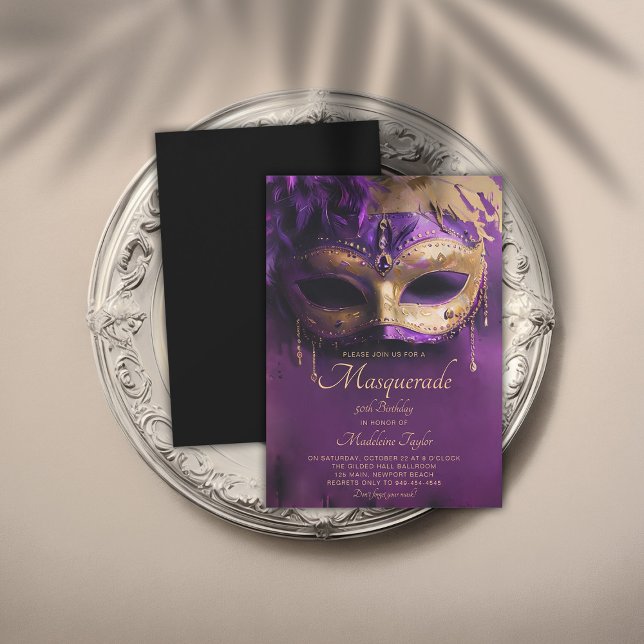 Masquerade Purple Gold Venetian Mask 50th Birthday Invitation (masquerade 50th birthday party invitation glamorous gold purple venetian mask elegant modern classy)