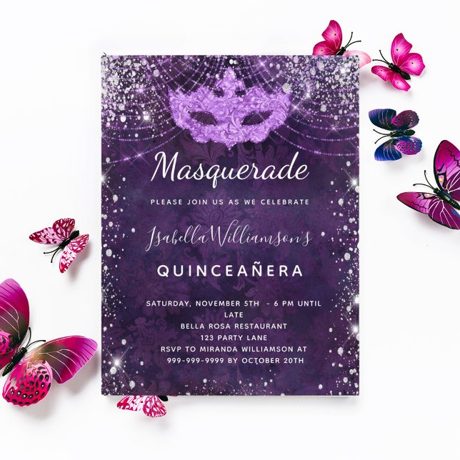 Masquerade purple silver glitter dust Quinceanera Invitation Postcard (Creator Uploaded)