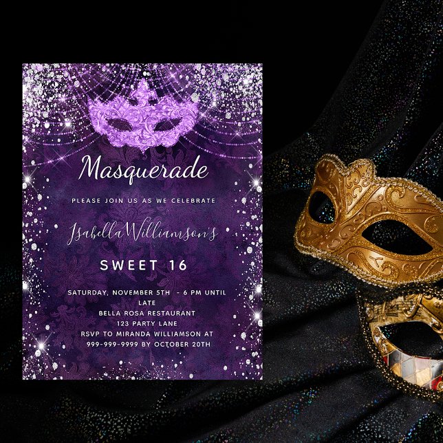 Masquerade purple silver glitter Sweet 16 Invitation (Creator Uploaded)