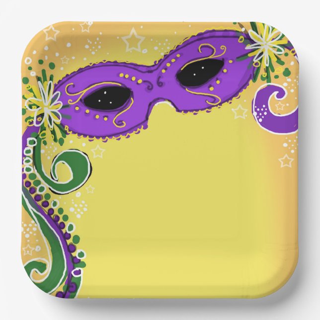 Masquerade Purple Yellow Mask Whimsical Stars Paper Plate (Front)
