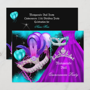 Masquerade Quinceanera 15 Party Teal Purple Invitation