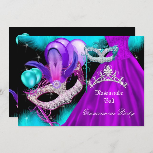 Masquerade Quinceanera 15 Party Teal Purple Invitation (Front/Back)