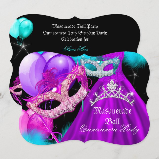 Masquerade Quinceanera 15 Party Teal Purple Pink Invitation (Front/Back)