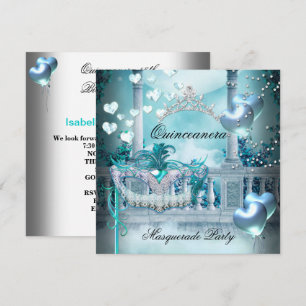 Masquerade Quinceanera 15 Teal Birthday Party Invitation