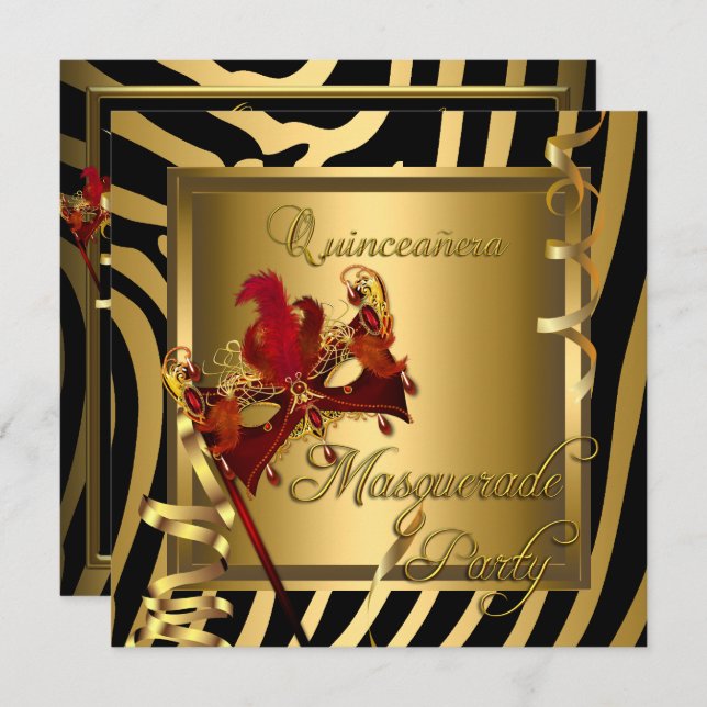 Masquerade Quinceanera 15 Zebra Red Birthday Party Invitation (Front/Back)
