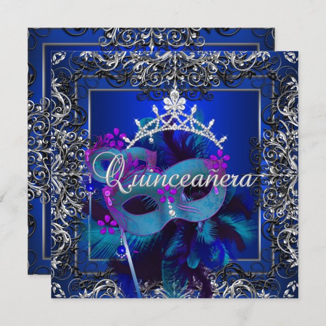 Masquerade Quinceanera 15th Birthday Party Blue Invitation (Front/Back)