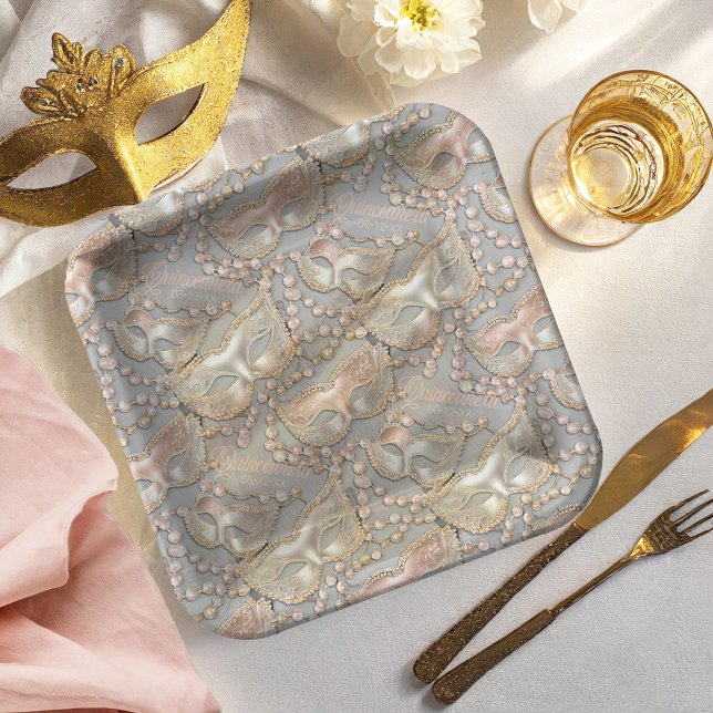 Masquerade Quinceanera Bead Masks Rose Gold ID1031 Paper Plate (Creator Uploaded)