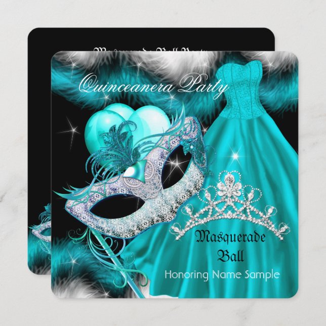 Masquerade Quinceanera Birthday Party Teal 2 Invitation (Front/Back)