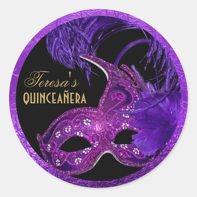 Masquerade quinceañera birthday pink, purple mask classic round sticker (Front)