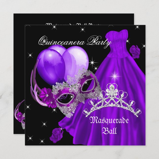 Masquerade Quinceanera Birthday Purple Rose Invitation (Front/Back)