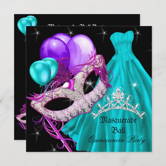 Masquerade Quinceanera Birthday Teal Purple Invitation (Front/Back)