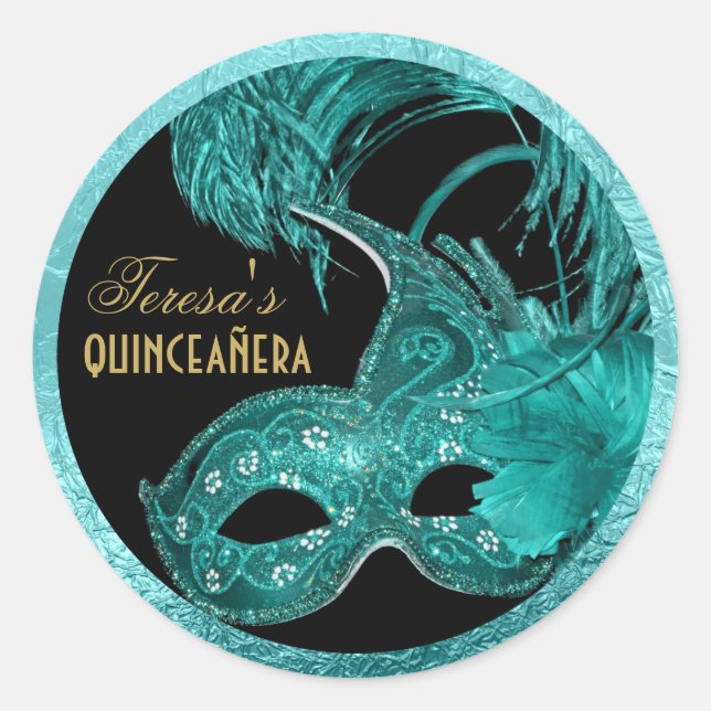 Masquerade quinceañera birthday turquoise mask classic round sticker (Front)