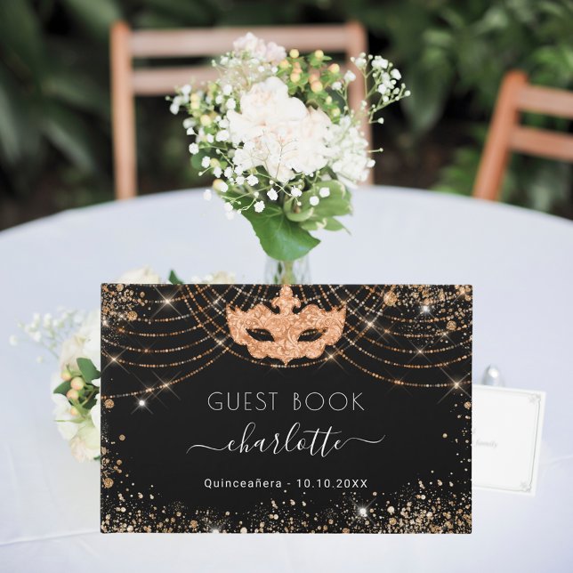 Masquerade Quinceañera black gold glitter dust Guest Book (Creator Uploaded)