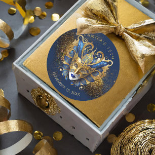 Masquerade Quinceanera Blue Gold V2 ID1031 Classic Round Sticker