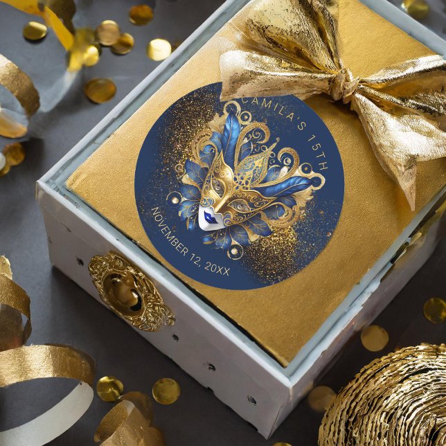 Masquerade Quinceanera Blue Gold V2 ID1031 Classic Round Sticker (Creator Uploaded)