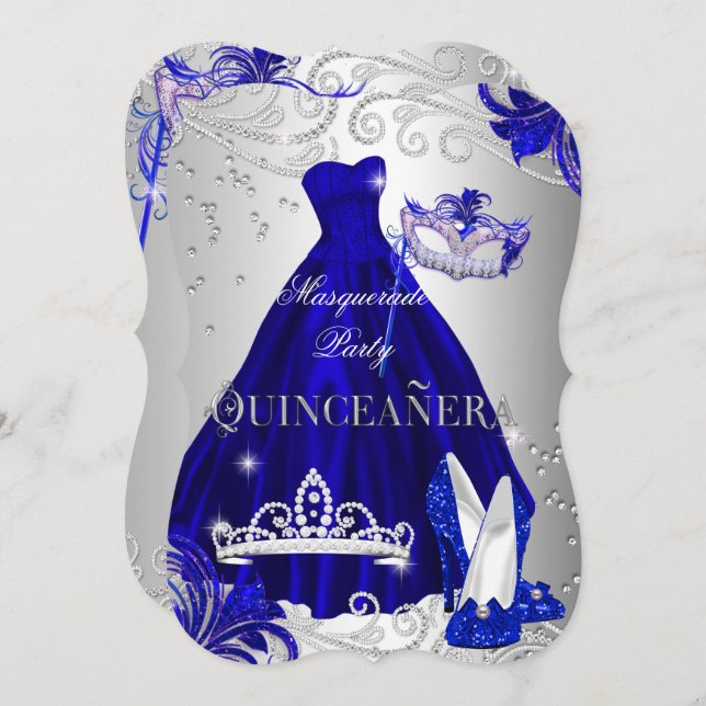 Masquerade Quinceanera Blue Silver Dress Heels Invitation (Front/Back)