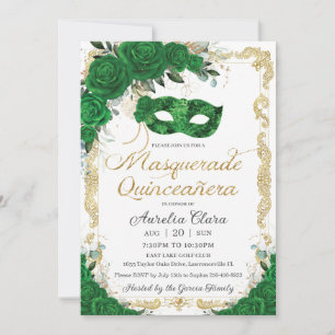 Masquerade Quinceañera Emerald Green Floral Gold Invitation