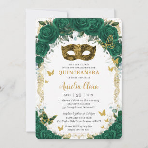 Masquerade Quinceañera Emerald Green Floral Gold Invitation