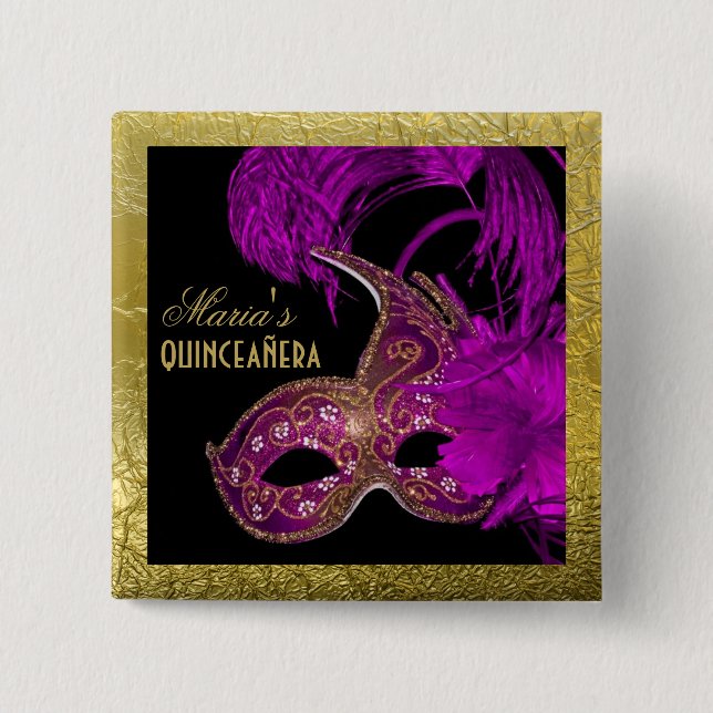 Masquerade quinceañera fifteenth birthday purple 15 cm square badge (Front)