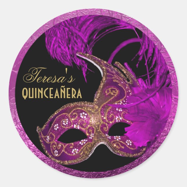 Masquerade quinceañera fifteenth birthday purple classic round sticker (Front)