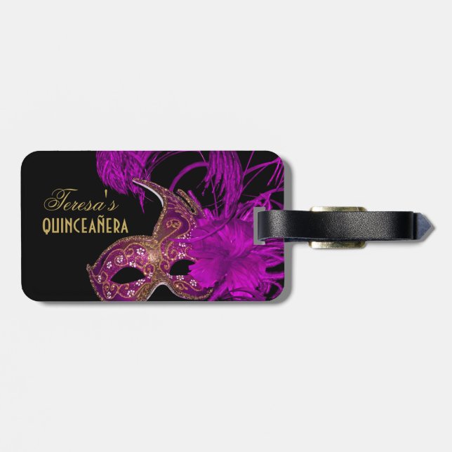 Masquerade quinceañera fifteenth birthday purple luggage tag (Back Horizontal)